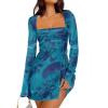 imageCaracilia Womens Sexy Mesh Ruched Mini Dresses Long Sleeve Square Neck Tie Fall Club Party Cocktail Short Dress 2025 FashionFloral Deep Blue