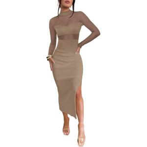 imageCaracilia Womens Mesh Dress Long Sleeve Mock Neck Bodycon Sheer Going Out Cocktail Night Club Midi Dresses 3 Piece OutfitsKhaki