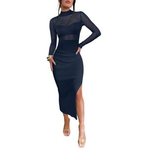 imageCaracilia Womens Mesh Dress Long Sleeve Mock Neck Bodycon Sheer Going Out Cocktail Night Club Midi Dresses 3 Piece OutfitsNavy Blue