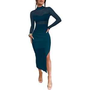 imageCaracilia Womens Mesh Dress Long Sleeve Mock Neck Bodycon Sheer Going Out Cocktail Night Club Midi Dresses 3 Piece OutfitsTeal
