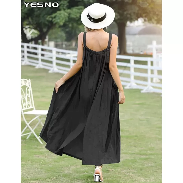 YESNO Maxi Dress for Women with Pockets Boho Summer Dress with Wide Adjustable Buttoned Strap E96Black