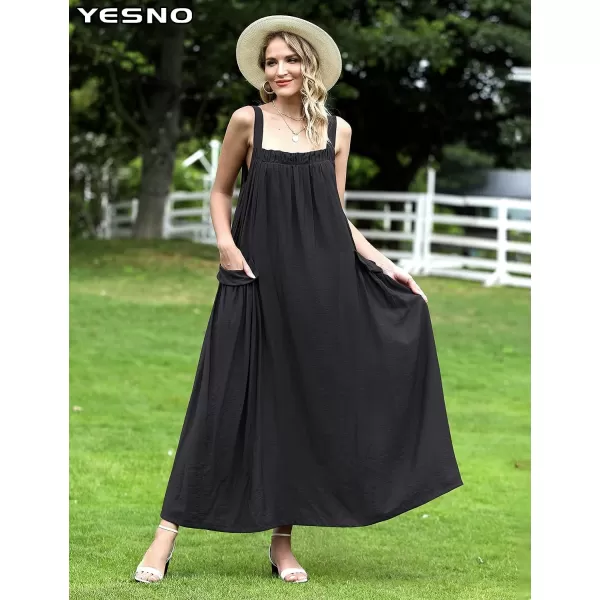 YESNO Maxi Dress for Women with Pockets Boho Summer Dress with Wide Adjustable Buttoned Strap E96Black