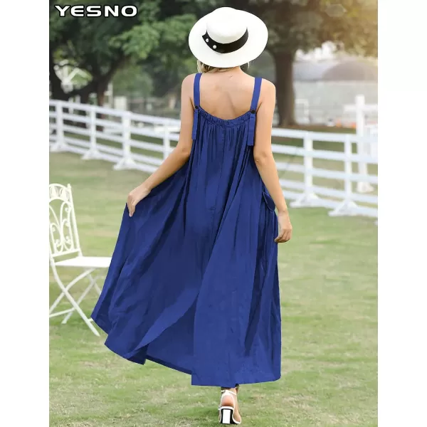 YESNO Maxi Dress for Women with Pockets Boho Summer Dress with Wide Adjustable Buttoned Strap E96Navy Blue