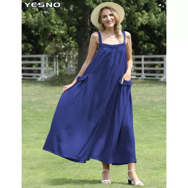 YESNO Maxi Dress for Women with Pockets Boho Summer Dress with Wide Adjustable Buttoned Strap E96Navy Blue