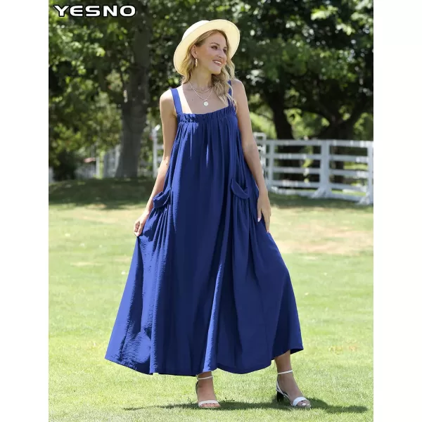 YESNO Maxi Dress for Women with Pockets Boho Summer Dress with Wide Adjustable Buttoned Strap E96Navy Blue