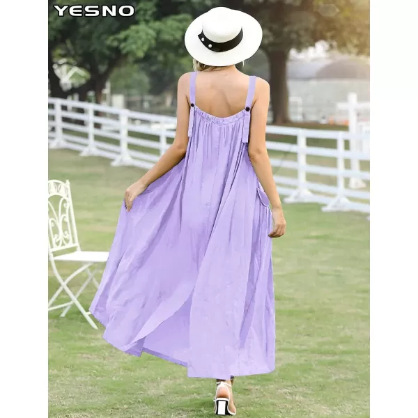 YESNO Maxi Dress for Women with Pockets Boho Summer Dress with Wide Adjustable Buttoned Strap E96Purple