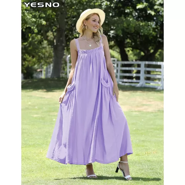 YESNO Maxi Dress for Women with Pockets Boho Summer Dress with Wide Adjustable Buttoned Strap E96Purple