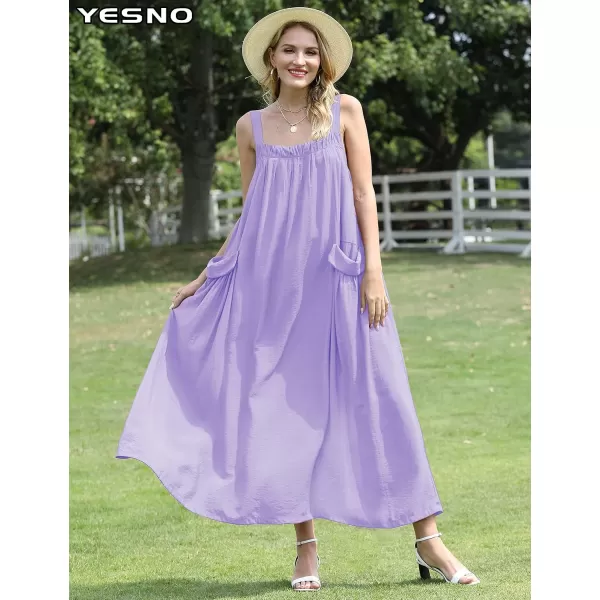 YESNO Maxi Dress for Women with Pockets Boho Summer Dress with Wide Adjustable Buttoned Strap E96Purple