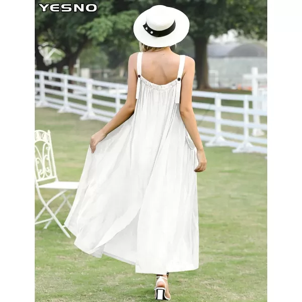 YESNO Maxi Dress for Women with Pockets Boho Summer Dress with Wide Adjustable Buttoned Strap E96White