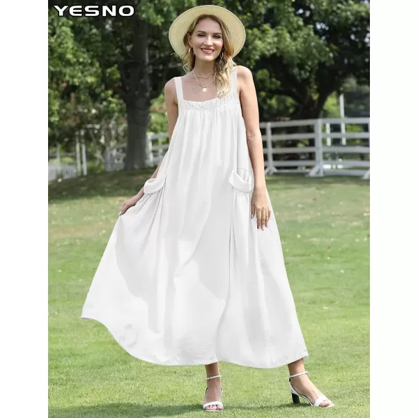 YESNO Maxi Dress for Women with Pockets Boho Summer Dress with Wide Adjustable Buttoned Strap E96White