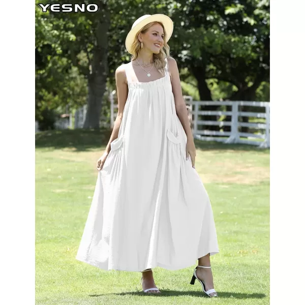 YESNO Maxi Dress for Women with Pockets Boho Summer Dress with Wide Adjustable Buttoned Strap E96White