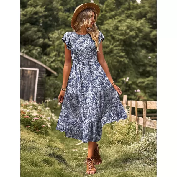 YESNO Women Summer Dresses Ruffle Cap Sleeve Casual Dress Boho Smocked Bodice Maxi Dress with Pockets E05Floral 148