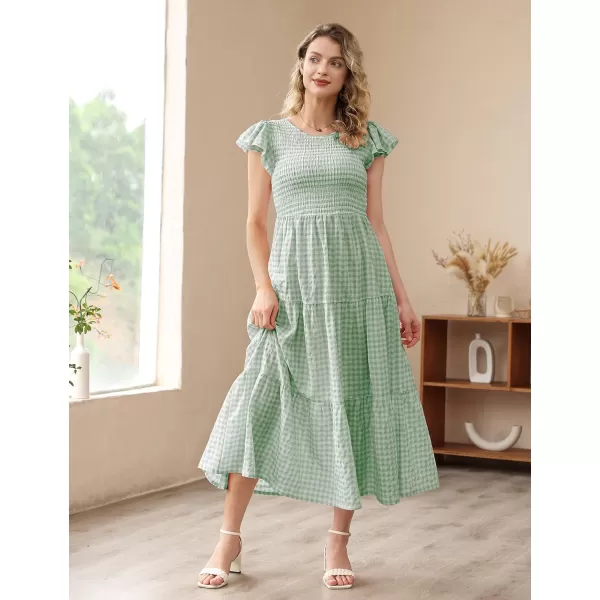 YESNO Women Summer Dresses Ruffle Cap Sleeve Casual Dress Boho Smocked Bodice Maxi Dress with Pockets E05Green  Plaid