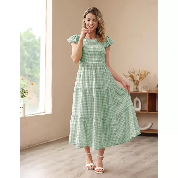 YESNO Women Summer Dresses Ruffle Cap Sleeve Casual Dress Boho Smocked Bodice Maxi Dress with Pockets E05Green  Plaid