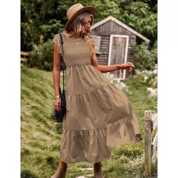 YESNO Women Summer Dresses Ruffle Cap Sleeve Casual Dress Boho Smocked Bodice Maxi Dress with Pockets E05Khaki