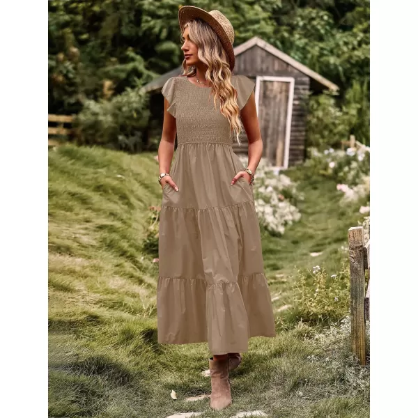 YESNO Women Summer Dresses Ruffle Cap Sleeve Casual Dress Boho Smocked Bodice Maxi Dress with Pockets E05Khaki