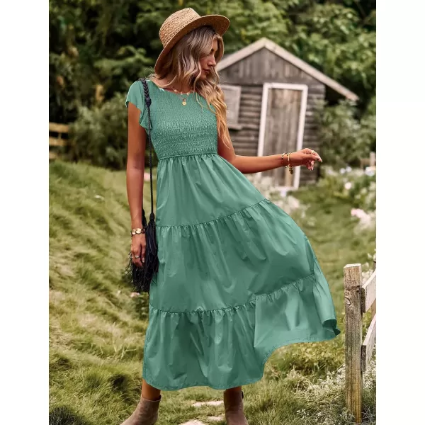 YESNO Women Summer Dresses Ruffle Cap Sleeve Casual Dress Boho Smocked Bodice Maxi Dress with Pockets E05Pea Green