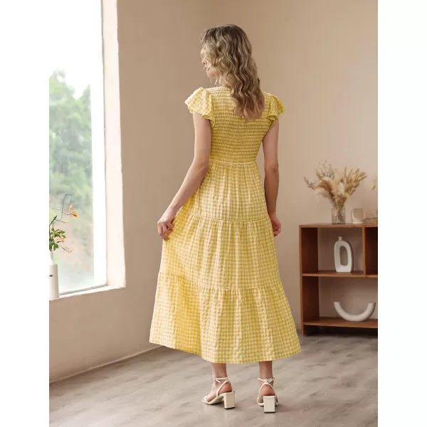 YESNO Women Summer Dresses Ruffle Cap Sleeve Casual Dress Boho Smocked Bodice Maxi Dress with Pockets E05Yellow  Plaid