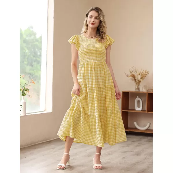 YESNO Women Summer Dresses Ruffle Cap Sleeve Casual Dress Boho Smocked Bodice Maxi Dress with Pockets E05Yellow  Plaid