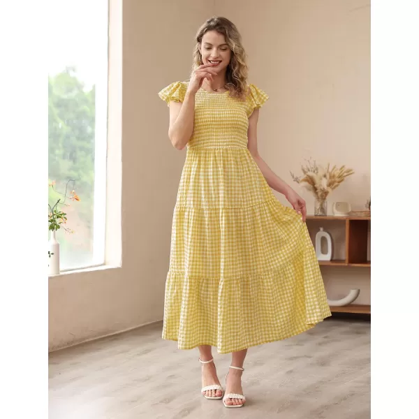 YESNO Women Summer Dresses Ruffle Cap Sleeve Casual Dress Boho Smocked Bodice Maxi Dress with Pockets E05Yellow  Plaid