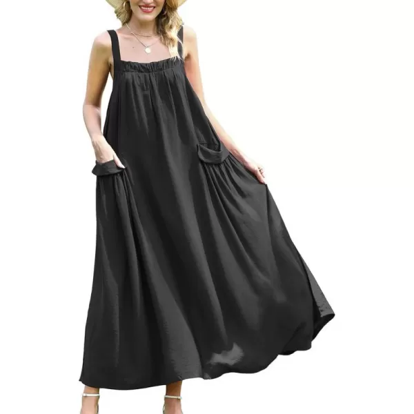 YESNO Maxi Dress for Women with Pockets Boho Summer Dress with Wide Adjustable Buttoned Strap E96Black