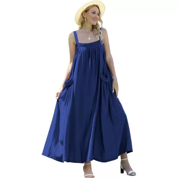 YESNO Maxi Dress for Women with Pockets Boho Summer Dress with Wide Adjustable Buttoned Strap E96Navy Blue