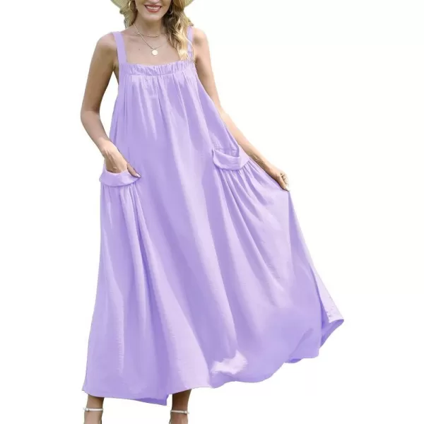 YESNO Maxi Dress for Women with Pockets Boho Summer Dress with Wide Adjustable Buttoned Strap E96Purple