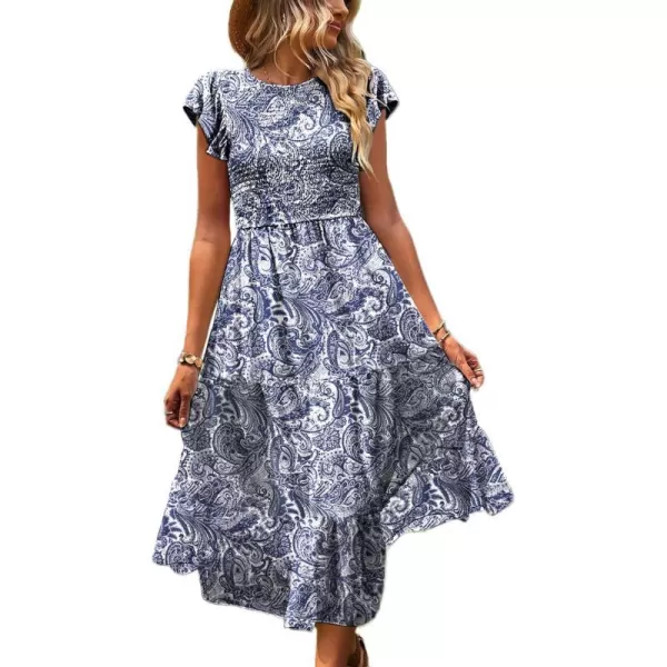 YESNO Women Summer Dresses Ruffle Cap Sleeve Casual Dress Boho Smocked Bodice Maxi Dress with Pockets E05Floral 148