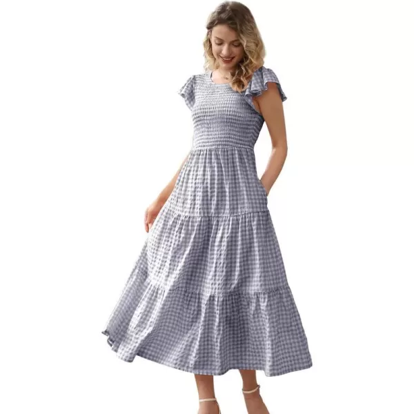 YESNO Women Summer Dresses Ruffle Cap Sleeve Casual Dress Boho Smocked Bodice Maxi Dress with Pockets E05Gray  Plaid