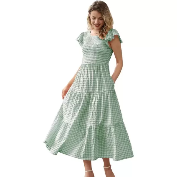 YESNO Women Summer Dresses Ruffle Cap Sleeve Casual Dress Boho Smocked Bodice Maxi Dress with Pockets E05Green  Plaid