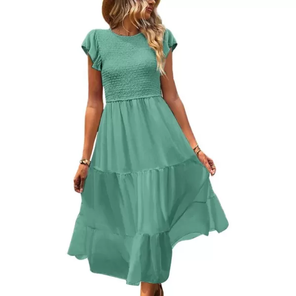 YESNO Women Summer Dresses Ruffle Cap Sleeve Casual Dress Boho Smocked Bodice Maxi Dress with Pockets E05Pea Green