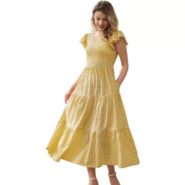 YESNO Women Summer Dresses Ruffle Cap Sleeve Casual Dress Boho Smocked Bodice Maxi Dress with Pockets E05Yellow  Plaid