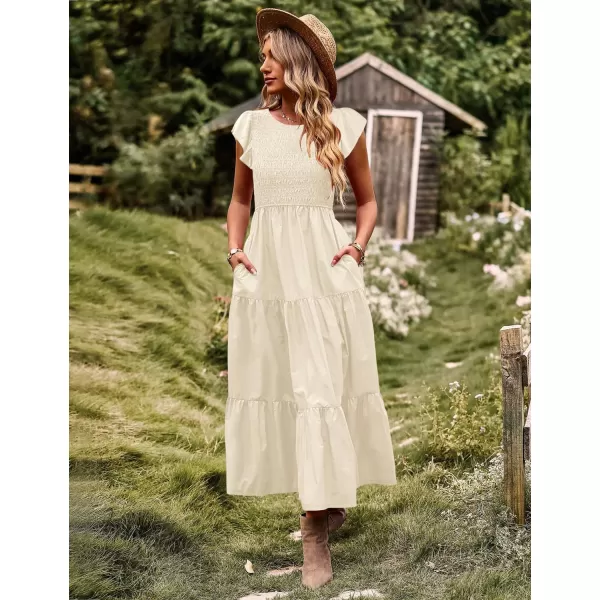 YESNO Women Summer Dresses Ruffle Cap Sleeve Casual Dress Boho Smocked Bodice Maxi Dress with Pockets E05Beige