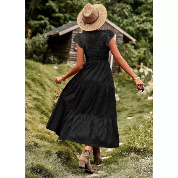 YESNO Women Summer Dresses Ruffle Cap Sleeve Casual Dress Boho Smocked Bodice Maxi Dress with Pockets E05Black