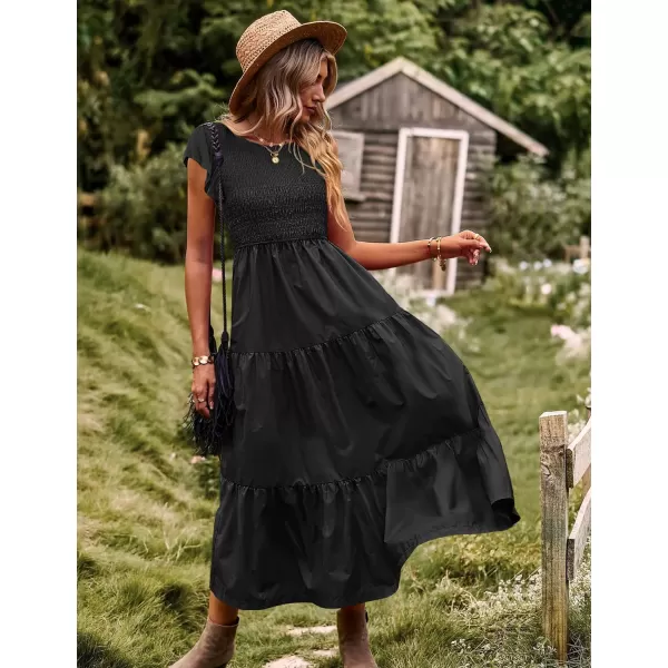 YESNO Women Summer Dresses Ruffle Cap Sleeve Casual Dress Boho Smocked Bodice Maxi Dress with Pockets E05Black