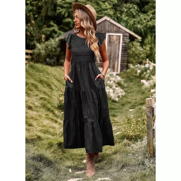 YESNO Women Summer Dresses Ruffle Cap Sleeve Casual Dress Boho Smocked Bodice Maxi Dress with Pockets E05Black