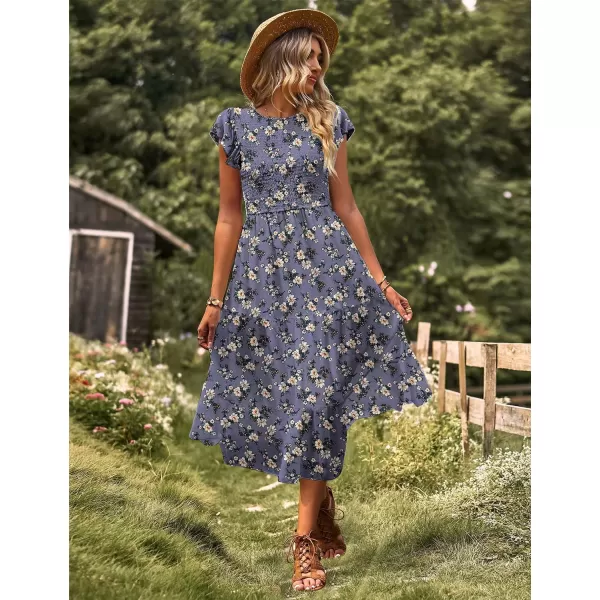 YESNO Women Summer Dresses Ruffle Cap Sleeve Casual Dress Boho Smocked Bodice Maxi Dress with Pockets E05Floral 08