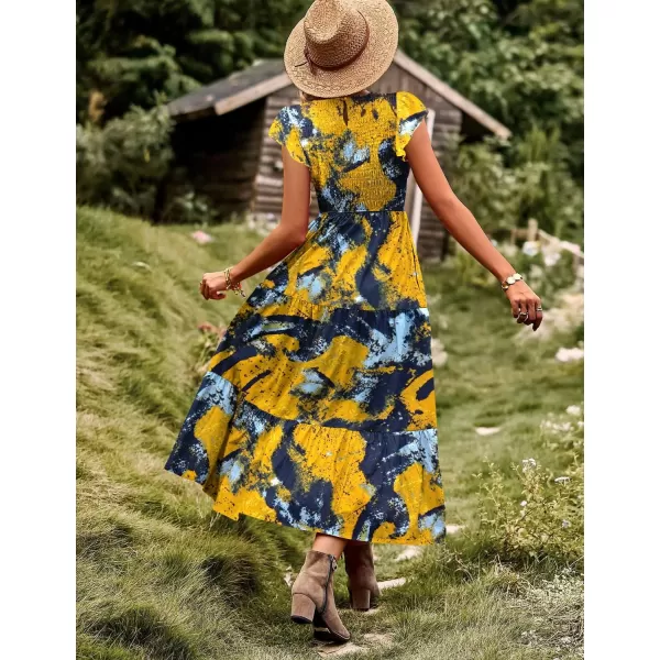 YESNO Women Summer Dresses Ruffle Cap Sleeve Casual Dress Boho Smocked Bodice Maxi Dress with Pockets E05Floral 141