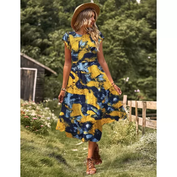 YESNO Women Summer Dresses Ruffle Cap Sleeve Casual Dress Boho Smocked Bodice Maxi Dress with Pockets E05Floral 141