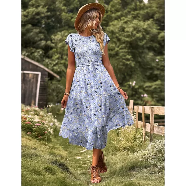 YESNO Women Summer Dresses Ruffle Cap Sleeve Casual Dress Boho Smocked Bodice Maxi Dress with Pockets E05Floral 347