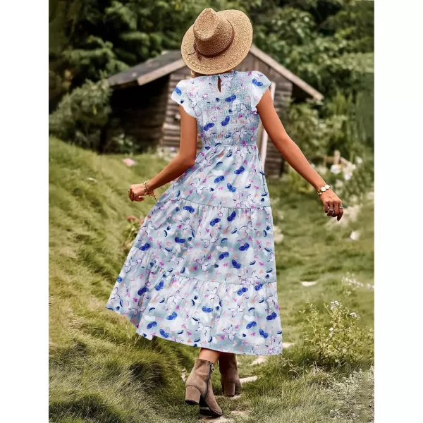 YESNO Women Summer Dresses Ruffle Cap Sleeve Casual Dress Boho Smocked Bodice Maxi Dress with Pockets E05Floral 357