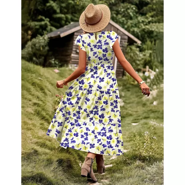 YESNO Women Summer Dresses Ruffle Cap Sleeve Casual Dress Boho Smocked Bodice Maxi Dress with Pockets E05Floral 375