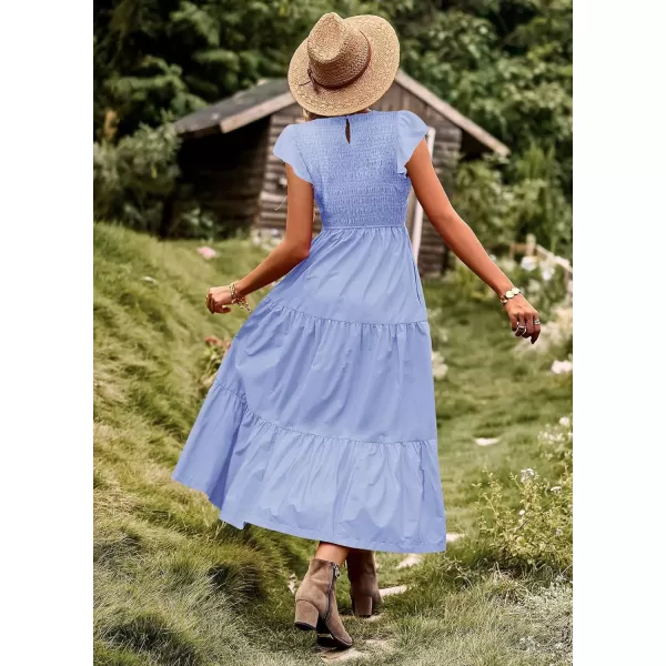 YESNO Women Summer Dresses Ruffle Cap Sleeve Casual Dress Boho Smocked Bodice Maxi Dress with Pockets E05Light Blue