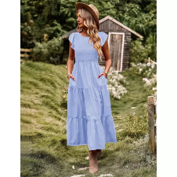 YESNO Women Summer Dresses Ruffle Cap Sleeve Casual Dress Boho Smocked Bodice Maxi Dress with Pockets E05Light Blue