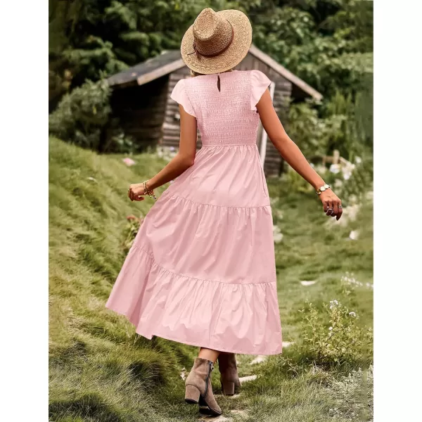 YESNO Women Summer Dresses Ruffle Cap Sleeve Casual Dress Boho Smocked Bodice Maxi Dress with Pockets E05Pink