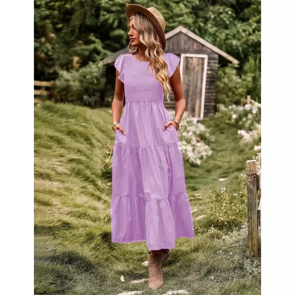 YESNO Women Summer Dresses Ruffle Cap Sleeve Casual Dress Boho Smocked Bodice Maxi Dress with Pockets E05Purple