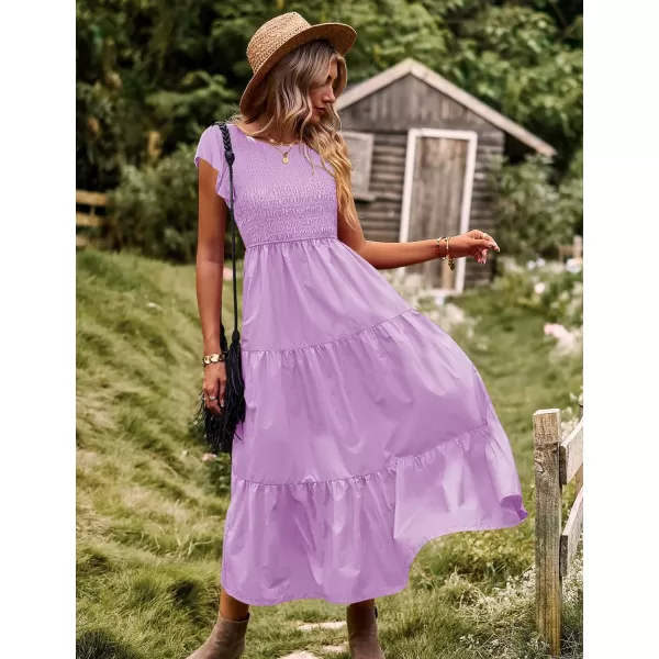 YESNO Women Summer Dresses Ruffle Cap Sleeve Casual Dress Boho Smocked Bodice Maxi Dress with Pockets E05Purple