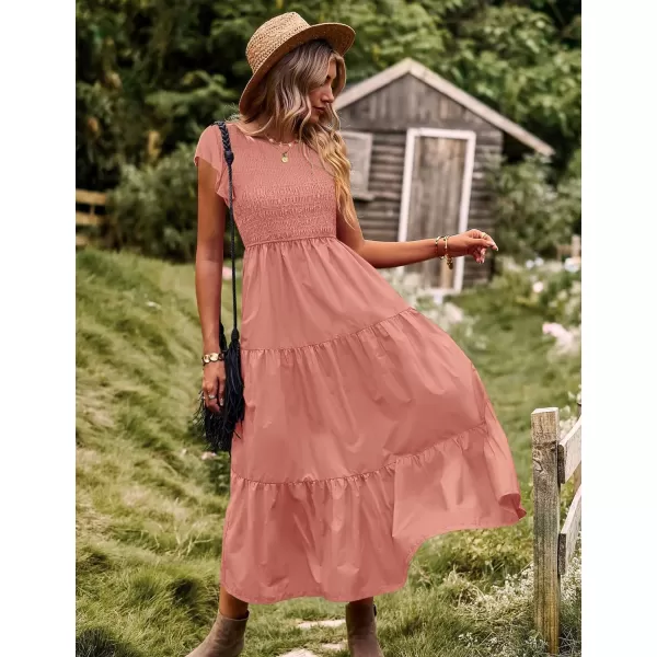 YESNO Women Summer Dresses Ruffle Cap Sleeve Casual Dress Boho Smocked Bodice Maxi Dress with Pockets E05Salmon