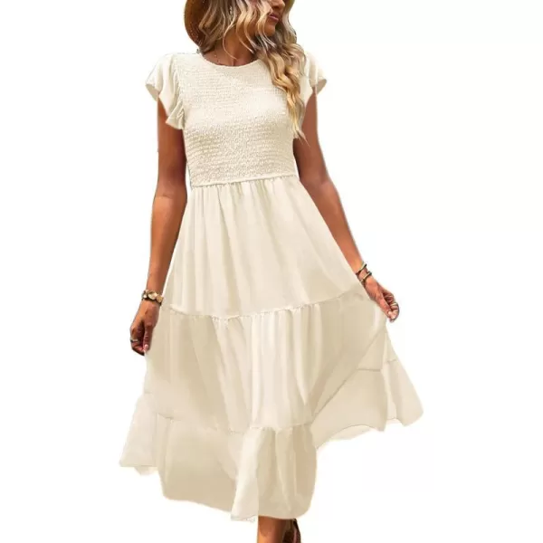 YESNO Women Summer Dresses Ruffle Cap Sleeve Casual Dress Boho Smocked Bodice Maxi Dress with Pockets E05Beige