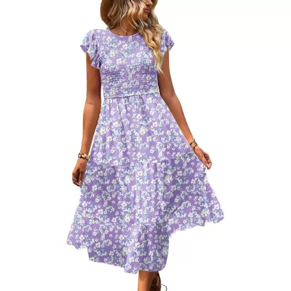 YESNO Women Summer Dresses Ruffle Cap Sleeve Casual Dress Boho Smocked Bodice Maxi Dress with Pockets E05Floral 345